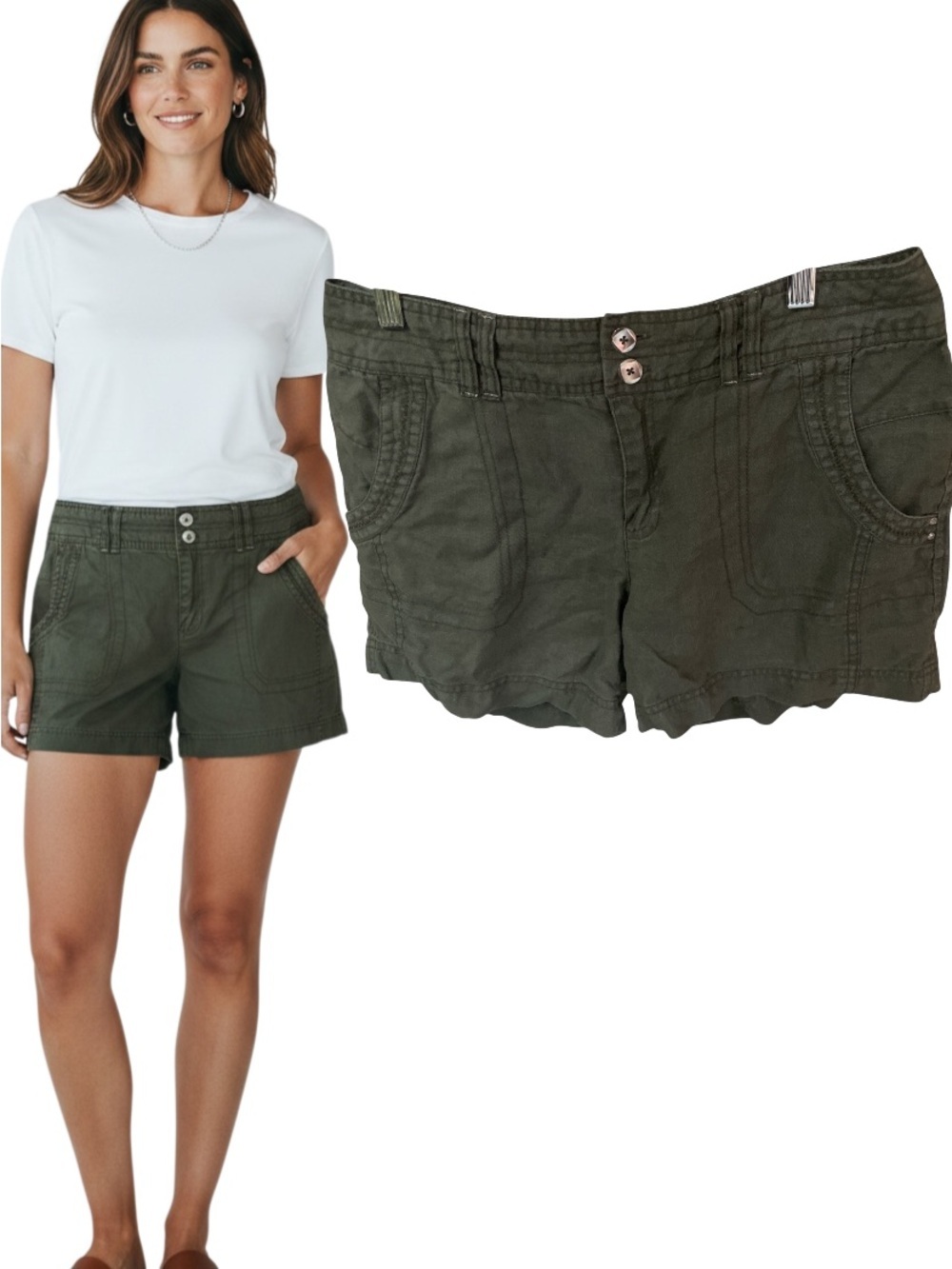 INC International Concepts Olive Green Linen Rhinestone Shorts Size 6